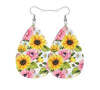 Orecchini Da Donna Pelle Sintetica Sunflowers Colorful Wild Poppies Daisies Leaves Spring Nature Lacrima Orecchino Per Every Outfit Adatti Per L'Uso Quotidiano