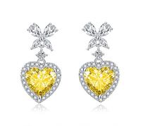 Orecchini da donna per matrimonio, orecchini pendenti gialli con fiocco morbido e zirconi a forma di cuore, 29,4 x 14,8 mm per San Valentino gioielli, Zircons en forme de cœur et nœud doux en cuivre