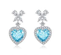 Orecchini da donna per matrimonio, orecchini pendenti gialli con fiocco morbido e zirconi a forma di cuore, 29,4 x 14,8 mm per San Valentino gioielli, Zircons en forme de cœur et nœud doux en cuivre