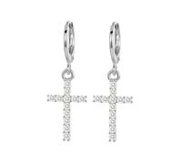 Orecchini da sposa, orecchini pendenti in argento Sterling S925 croce piena di zirconi 32 x 12 mm per donna Promo Gioielli, Croix ronde en argent sterling et zircone, Argento sterling, Zirconia cubica