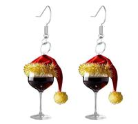 Orecchini di Natale - Pendenti in acrilico a forma di bicchiere di vino rosso, gioielli per le festività, festival con motivo a cappello di Babbo Natale e bicchiere di vino | natalizi divert