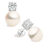 Orecchini di Perle Coltivate d'acqua dolce a forma di Bottone 11-12 con Zirconi piccoli cubico SECRET & YOU. Design Tu ed Io - Argento sterling 925 rodiato con grandi dorsi o Omega.