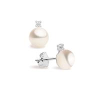 Orecchini di Perle Coltivate d'acqua dolce a forma di Bottone 7-8 con piccoli Zirconi cubico SECRET & YOU. Design Tu ed Io - Argento sterling 925 rodiato con grandi dorsi o Omega.