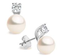 Orecchini di Perle Coltivate d'acqua dolce a forma di Bottone 8-9 con Zirconi piccoli cubico SECRET & YOU. Design Tu ed Io - Argento sterling 925 rodiato con grandi dorsi o Omega.