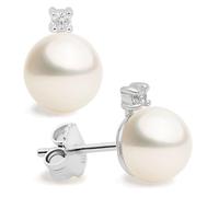 Orecchini di Perle Coltivate d'acqua dolce a forma di Bottone con Zirconi SECRET & YOU. Design Tu ed Io - Argento sterling 925 rodiato con grandi dorsi o Omega.