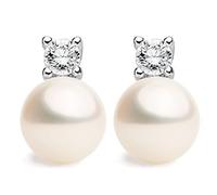 Orecchini di Perle Coltivate d'acqua dolce a forma di Bottone con Zirconi SECRET & YOU. Design Tu ed Io - Argento sterling 925 rodiato con grandi dorsi o Omega.