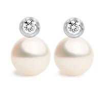 Orecchini di Perle Coltivate d'acqua dolce a forma di Bottone con Zirconi SECRET & YOU. Design Tu ed Io - Argento sterling 925 rodiato con grandi dorsi o Omega.