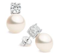 Orecchini di Perle Coltivate d'acqua dolce a forma di Bottone con Zirconi SECRET & YOU. Design Tu ed Io - Argento sterling 925 rodiato con grandi dorsi o Omega.