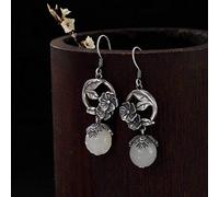 Orecchini Di Stile Cinese S925 Silver Sterling Personality Retro Plum Flower Incorporated Nephrite White Jade Lotus Women's Earrings Come Mostrato, LJBLEUSK