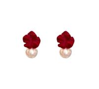 Orecchini di velluto rosso retrò con fiori di perle per donne, versatili e stilosi, con un senso del design alla moda,