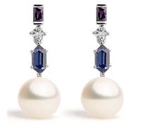 Orecchini Dickinson con Perle Coltivate d'Acqua Dolce Bianche a Bottone 7-7.5mm, Ametista, Tanzanite e Zirconia Bianca | Secret & You | Argento Sterling 925 Rodiato