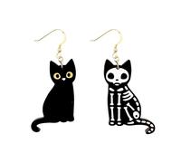 Orecchini Donna Argento Borchie personalizzate Blackcat Skeleton Cat Orecchini Lady Skeleton Cat Borchie in legno (Black, One Size)