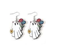 Orecchini Donna Orecchini doppi in legno con ciondolo tascabile a forma di libro con fiori carini in stile gotico di Halloween (White, 6X3CM)