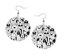 Orecchini Doodle Dogs2 in bianco e nero Orecchini Doodle in bianco e nero con cani a forma rotonda, in pelle, leggeri, pendenti, gioielli da donna, perfetti da indossare tutti i giorni