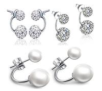 Orecchini doppi a perno, in argento sterling 925, con zirconi, brillanti e perle sferiche, fatti a mano, ipoallergenici, orecchini jacket da donna o ragazza, 3 paia