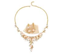 Orecchini e collana da donna con motivo a foglia d'oro con zirconi e perle finte bianche, elegante set di gioielli per feste, eventi, vacanze