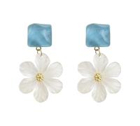Orecchini Fiore per Donne, Acrilico Blu e Bianco Orecchini Pendenti Floreali, 5cm Leggeri Statement Gioielli Estivi, Vintage Stile Francese, Ideali per la Moda Quotidiana