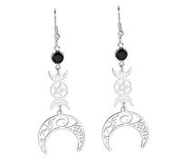 Orecchini Forma Luna Tripla Dea Per Donne e Ragazze Acciaio Inox Stile Gotico Con Runa Luna Orecchini a Goccia In Cristallo Nero Amuleto Wicca (argento)