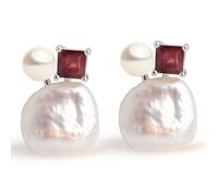Orecchini Garbo con Perle Coltivate d'Acqua Dolce Bianche Keshi 7-8mm, Perle a Bottone 3.5-4mm e Granato Naturale | Secret & You | Argento Sterling 925 Rodiato
