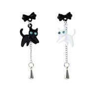 Orecchini Gatto Fiocco Asimmetrici Unici Cristallo Frangia Catena Pendenti Gioielli Animali Charme Donna Mamma Amiche (Nero Bianco)