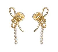 Orecchini Golden Rose Bow Pearl Design ipoallergenico ed elegante Perfetto per abbigliamento quotidiano, riunioni e feste Regalo di compleanno Accessori da donna