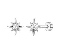 Orecchini in acciaio inox a forma di stella con zirconia cubica, 20 g, per donne e uomini, ipoallergenici, con retro piatto, per cartilagine, trago, regalo di compleanno, Small, Acciaio inossidabile