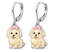 Orecchini in argento 925 a forma di pecorina maltese con fiocco rosa | Chiusura inglese, ciondolo smaltato in argento sterling 925, motivo cane, da appendere