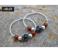 Orecchini in argento sterling, fiocco di neve in ossidiana e perline di diasp...