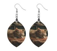 Orecchini in legno a forma di gatto addormentato, leggeri e vintage, in legno naturale, classici e artistici, ganci per orecchini da donna, Apricot shaped, In legno, Legno