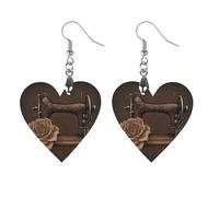 Orecchini in legno a forma di rosa e macchina da cucire, idea regalo, leggeri, vintage, in legno naturale, classici e artistici, ganci per orecchini da donna, Love, In legno, Legno