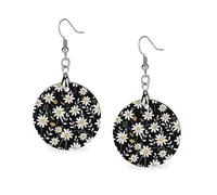 Orecchini in legno con margherite bianche su sfondo nero, orecchini pendenti rotondi da donna, gioielli alla moda, 3,0 x 6,1 cm