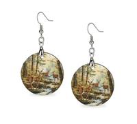 Orecchini in legno da donna a forma di cervo nella foresta per la caccia autunnale, orecchini pendenti rotondi, gioielli alla moda, 3,0 x 6,1 cm
