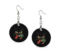 Orecchini in legno da donna con quadrifoglio a forma di gatto, per il giorno di San Patrizio, orecchini pendenti rotondi, gioielli alla moda, 3,0 x 6,1 cm