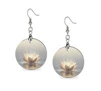 Orecchini in legno dorato a forma di fiore bianco lo-tus da donna, rotondi, pendenti pendenti, gioielli alla moda, 3,0 x 6,1 cm