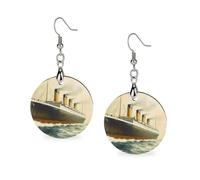 Orecchini in legno vintage a forma di nave del Titanic, da donna, rotondi, pendenti, gioielli alla moda, 3,0 x 6,1 cm