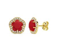 Orecchini in oro 9k, 9 mm, a forma di fiore, con una pietra rossa al centro e zirconi cubici sul bordo.