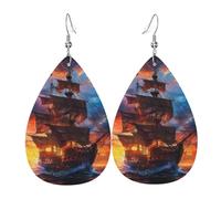 Orecchini in pelle a forma di goccia con motivo "Pirate Ship at Sea", set da 2, ganci per le orecchie placcati in argento 925, antiruggine, con tappi per le orecchie, adatti per feste, San Valentino