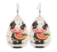 Orecchini in pelle a forma di goccia con stampa a forma di piccola mucca che mangia anguria | Design di fascia alta, orecchini di lusso leggeri