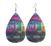 Orecchini in pelle a forma di goccia con stampa olografica City | Design di fascia alta, orecchini di lusso leggeri