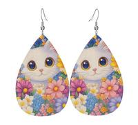 Orecchini In Pelle A Forma Di Goccia Lovely Cat And Colorful Flowers Leggeri Orecchini In Pelle Penzolare Moda Ciondolo Con Pendente A Goccia Per Feste Accessori Balli