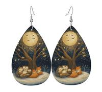 Orecchini In Pelle A Forma Di Goccia Snowy Night Owl & Fox Sleeping Under Tree Moda Orecchini Squisito Ciondolo A Goccia Per Balli Appuntamenti Uso Quotidiano