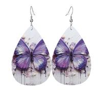 Orecchini in pelle a forma di lacrima con motivo a farfalla con pittura a olio viola - texture leggera di lusso, adatti per l'uso quotidiano, orecchini per feste e appuntamenti, Misura unica, Pelle