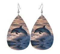 Orecchini in pelle a forma di lacrima stampati con delfini vivaci | Design di fascia alta, orecchini di lusso leggeri