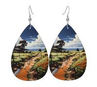 Orecchini in pelle a forma di lacrima stampati con paesaggio idilliaco | Design di fascia alta, orecchini di lusso leggeri