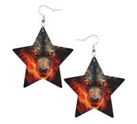 Orecchini in pelle a forma di stella con stampa di lupo rosso e fuoco, accessori leggeri ed eleganti per feste, balli e vita quotidiana.