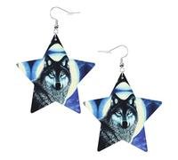 Orecchini in pelle a forma di stella con stampa lupo sotto luna, accessori leggeri ed eleganti per feste, balli e vita quotidiana.