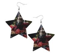 Orecchini in pelle a forma di stella con stampa uva e vino, accessori leggeri ed eleganti per feste, balli e vita quotidiana.