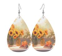Orecchini in pelle a goccia con girasoli sotto il davanzale della finestra, accessori da donna, orecchini versatili adatti per pendolari e viaggi.