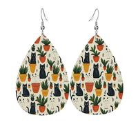 Orecchini In Pelle A Goccia Per Donne Cute White Cats Black & Potted Plants Squisito Orecchini Da Donna In Finta Pelle Leggeri Ciondolo A Goccia Per Feste Uso Quotidiano Matrimoni