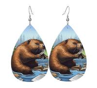 Orecchini In Pelle Busy Beaver Cartoon Orecchino In Ecopelle Confortevoli Classico Orecchini A Goccia Lunghi, Per Ouple, Valentine'S Day, Wedding